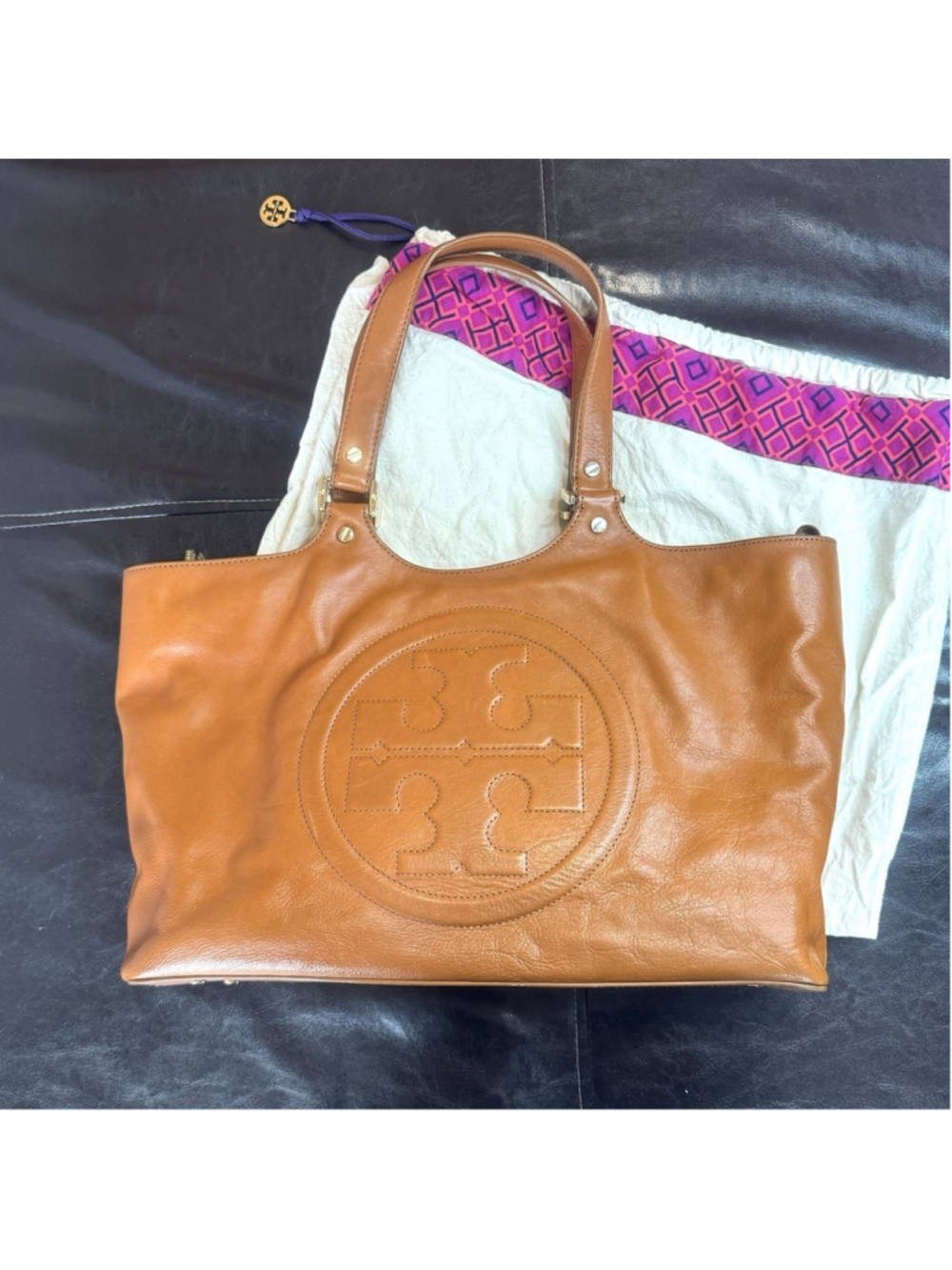 Tory Burch Bombe Leather Tote Bag Brown Logo Shoulder Bag Satchel